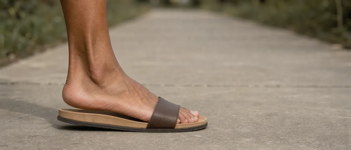 The Achilles tendon above an ordinary walker's heel as the foot rolls into a step.