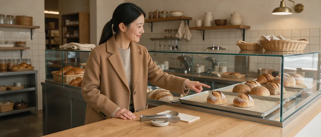 At a bakery counter, an adult points to a single small bread roll.