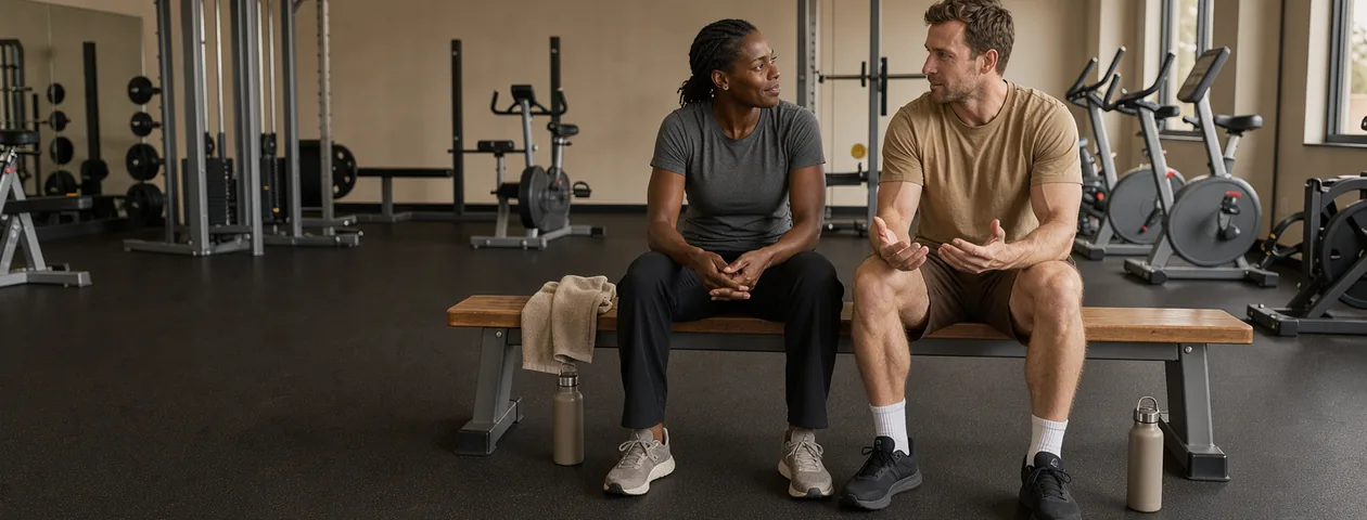 Two friends on a gym bench, one explaining with open hands while the other listens.