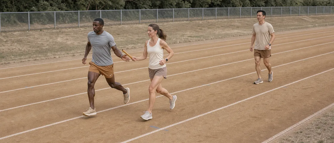 Two amateur runners practising a baton exchange while a third waits alone in the next lane.