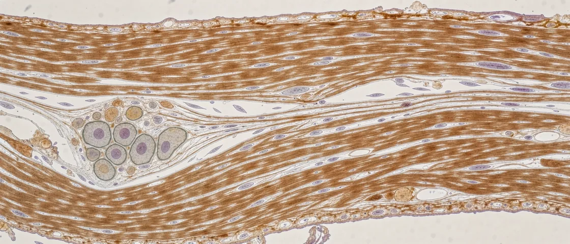 Illustrative microscopy view of bowel-wall muscle layers surrounding an enteric nerve cluster.